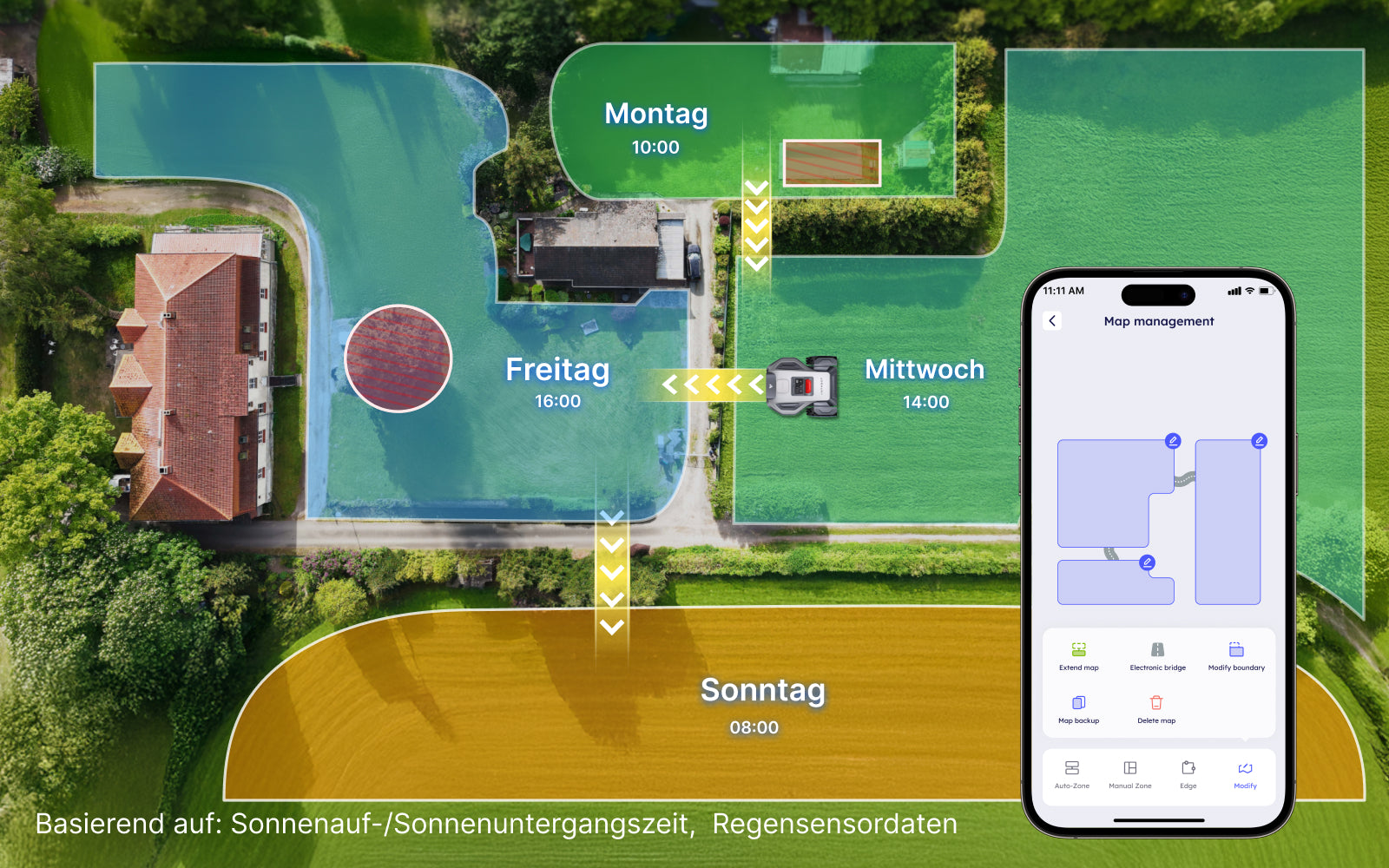 ANTHBOT App auf dem Smartphone – Steuerung des ANTHBOT M9 mit Zonen, Zeitplänen und Live-Status