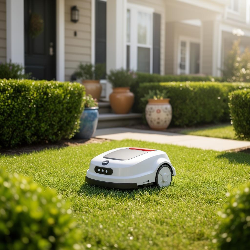 ANTHBOT Genie Mähroboter ohne Begrenzungskabel auf einem kleinen, gepflegten Vorgartenrasen vor einem Reihenhaus – 900 / 2.000 / 3.600 m² (Varianten)
