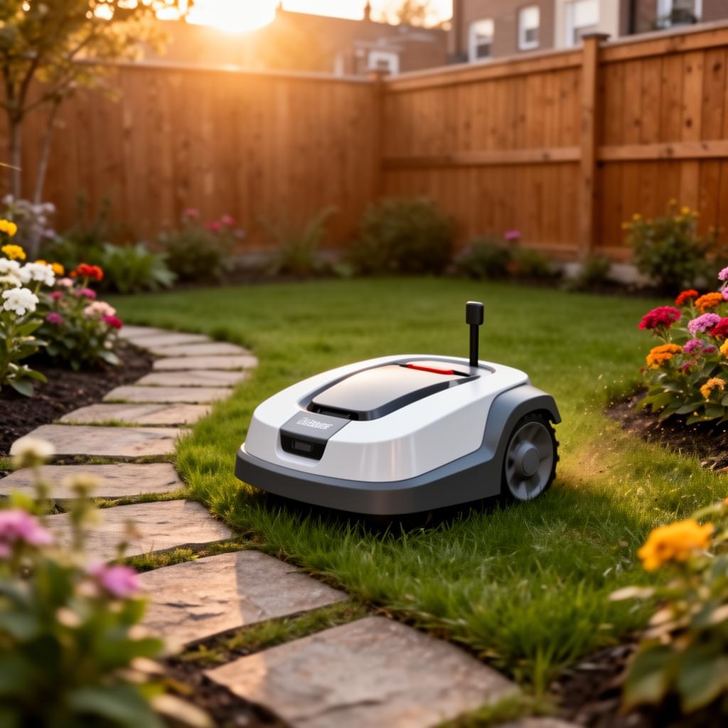 ANTHBOT M5 Mähroboter ohne Begrenzungskabel in einem kompakten Stadtgarten mit Beeten und Steinweg – bis 500 m²