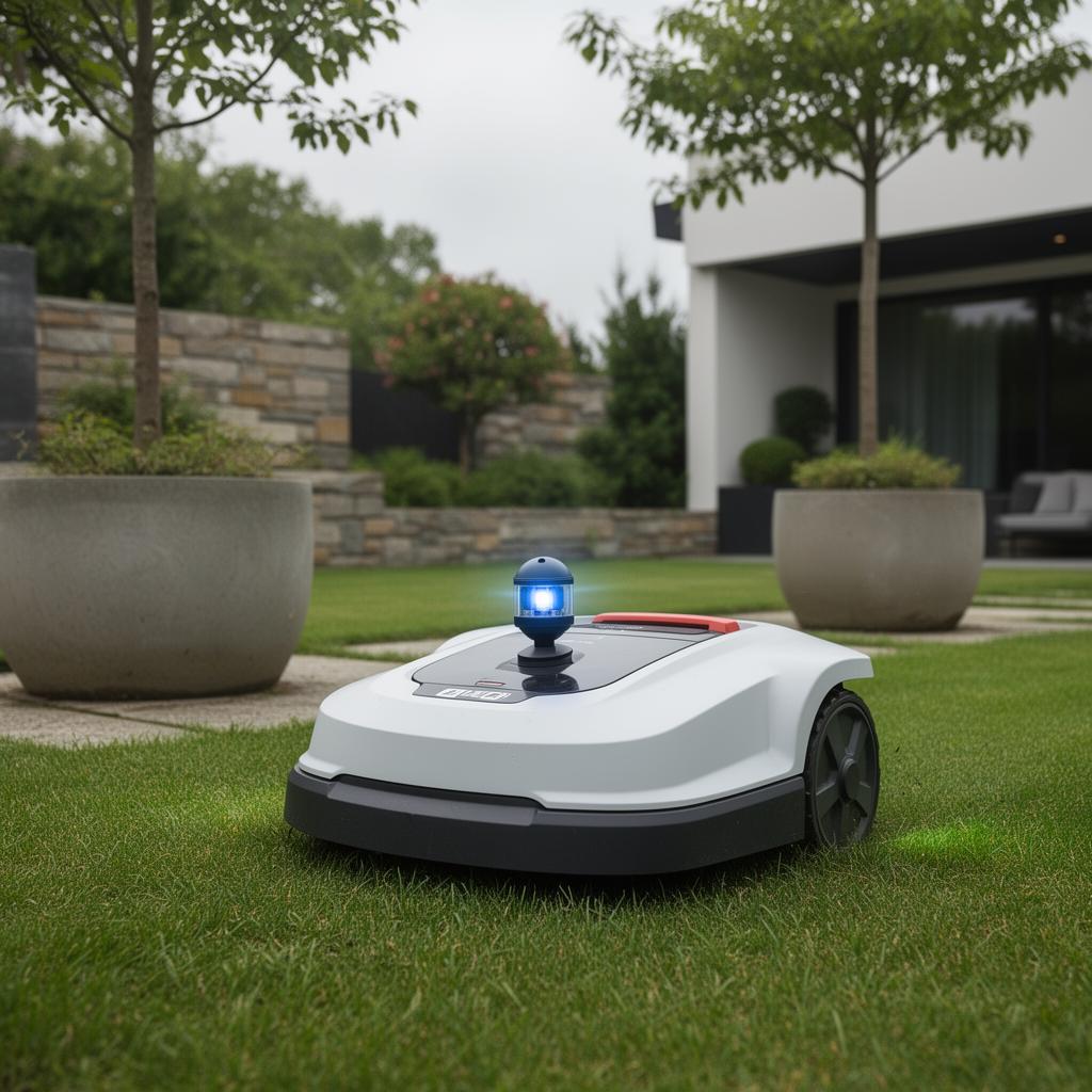 ANTHBOT M5 LiDAR Mähroboter ohne Begrenzungskabel mit LiDAR-Sensor-Dome auf modernem Terrassengarten zwischen Pflanzkübeln – bis 500 m²