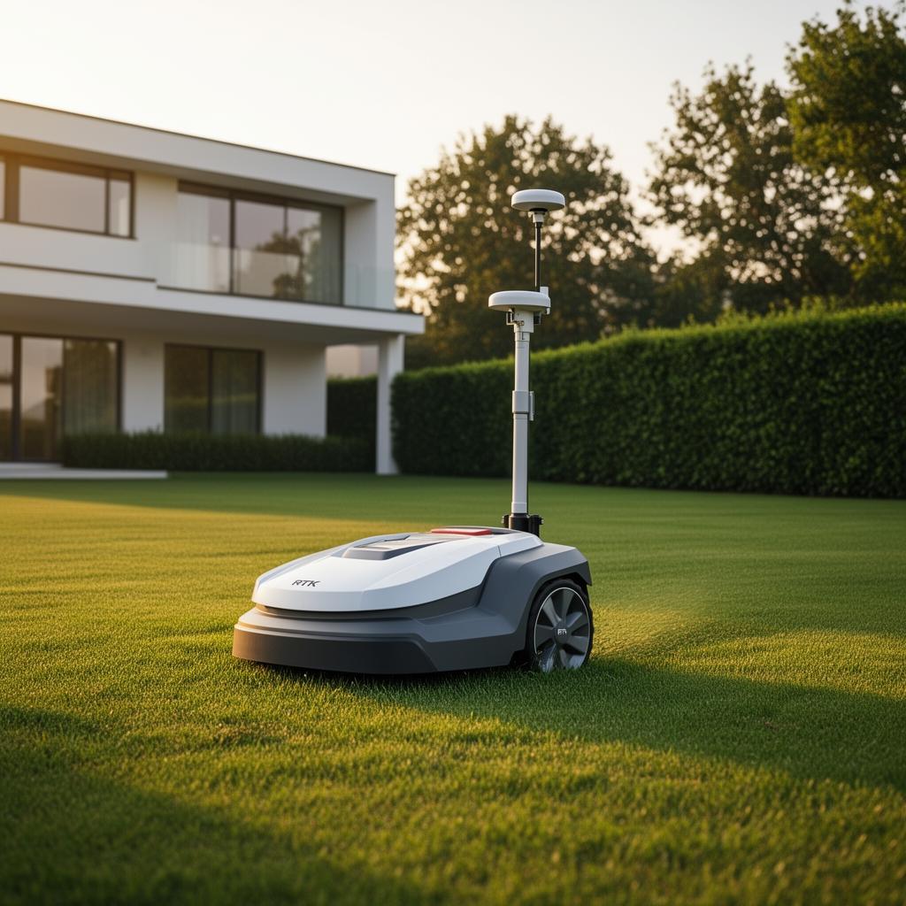 ANTHBOT M9 Mähroboter ohne Begrenzungskabel mit RTK-Mast auf einem großen Villenrasen mit Hecke – bis 1.000 m²