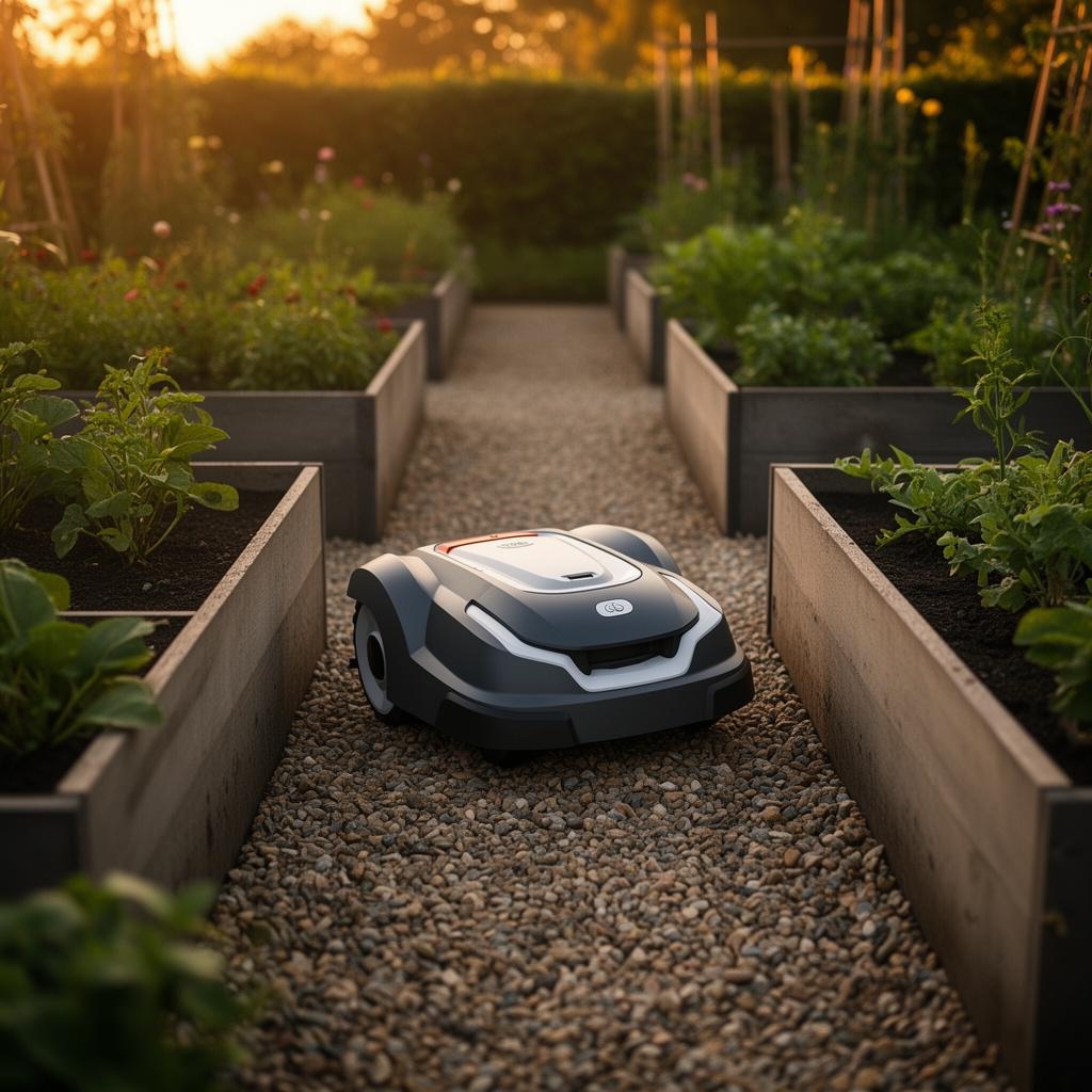ANTHBOT N8 Mähroboter ohne Begrenzungskabel zwischen Hochbeeten und schmalen Kieswegen im Nutzgarten – bis 1.500 m²