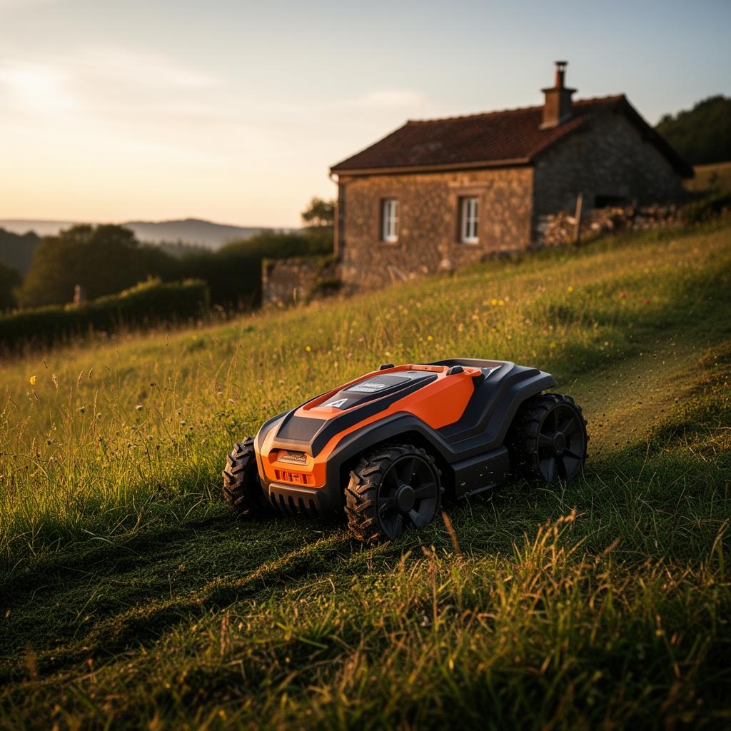 ANTHBOT Pion Mähroboter ohne Begrenzungskabel auf einer abschüssigen Wiese vor einem Landhaus mit Off-Road-Reifen – bis 1.000 m²